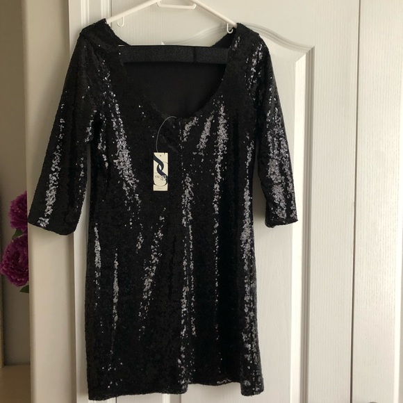 Black Sequin 3/4 Sleeve Party Mini Dress - Picture 2 of 5